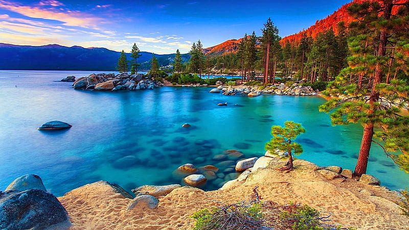 Northern Lake Tahoe, Nevada, water, stones, autumn, usa, mountains, reflections, trees, sky, HD wallpaper