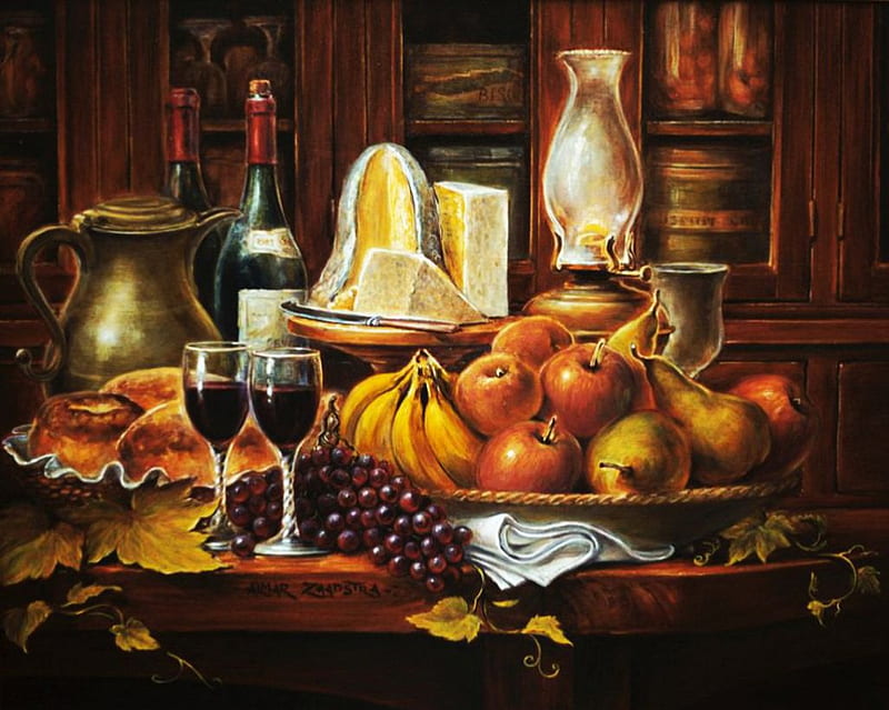 Still Life, cake, lamp, bottle, apples, wine, fruits, bananas, can, artwork, grapes, pears, leaves, painting, HD wallpaper