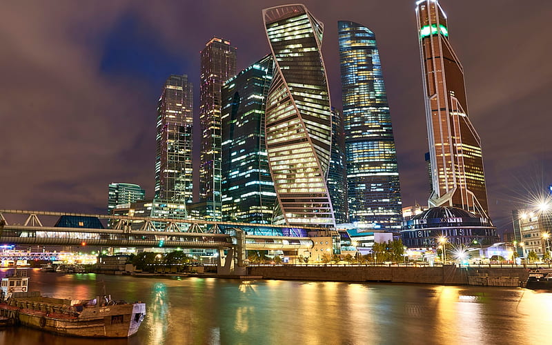 Moscow, skyscrapers, city lights, Moscow City, Russia, night city, Moscow River, HD wallpaper