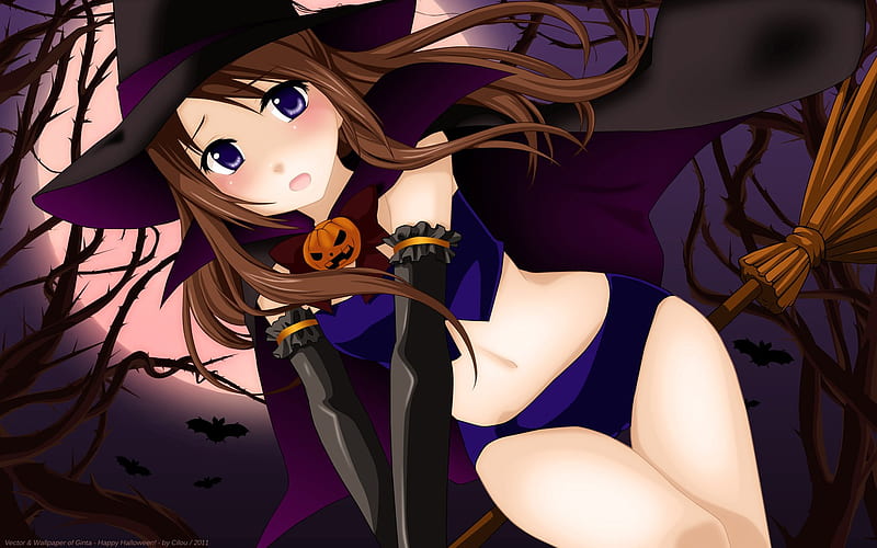 Little Witch, witch, female, bats, broom, moon, pumpkin, anime, moonlight, night, HD wallpaper