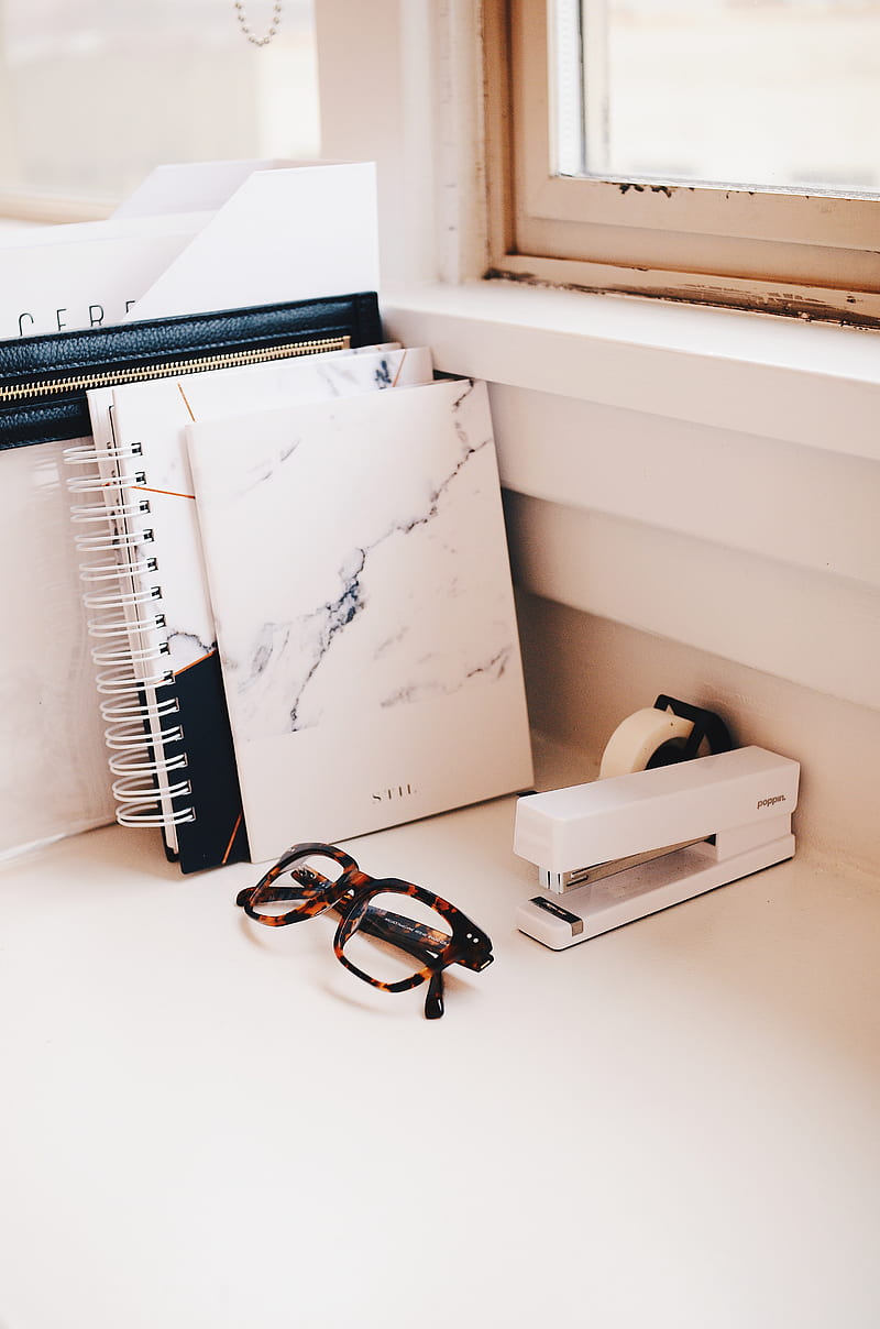 white stapler and eyeglasses with brown tortoiseshell frame on desk, HD phone wallpaper