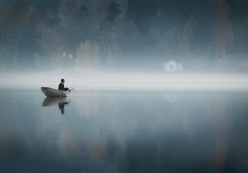 THE COUNTRY OF A THOUSAND LAKES, forest, calmness, water, boat, still, lake, fisherman, mist, HD wallpaper
