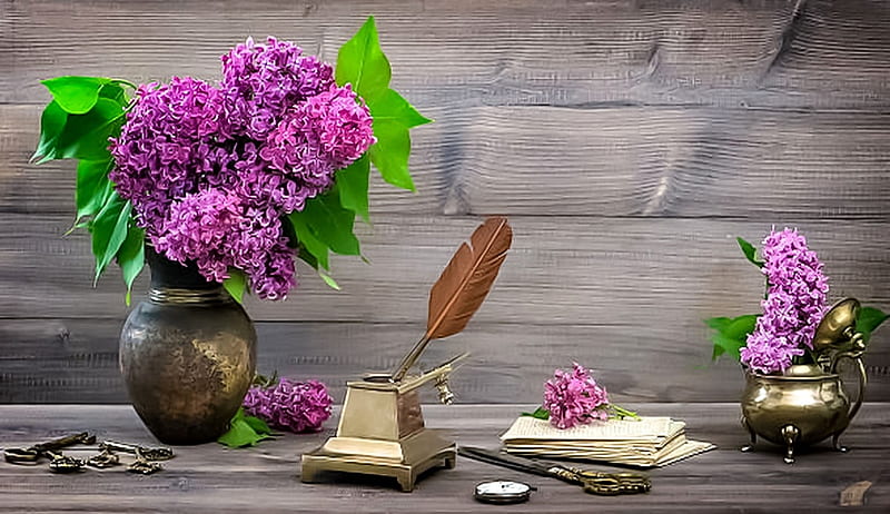 Writing a letter, still, flowers, lilac, life, HD wallpaper