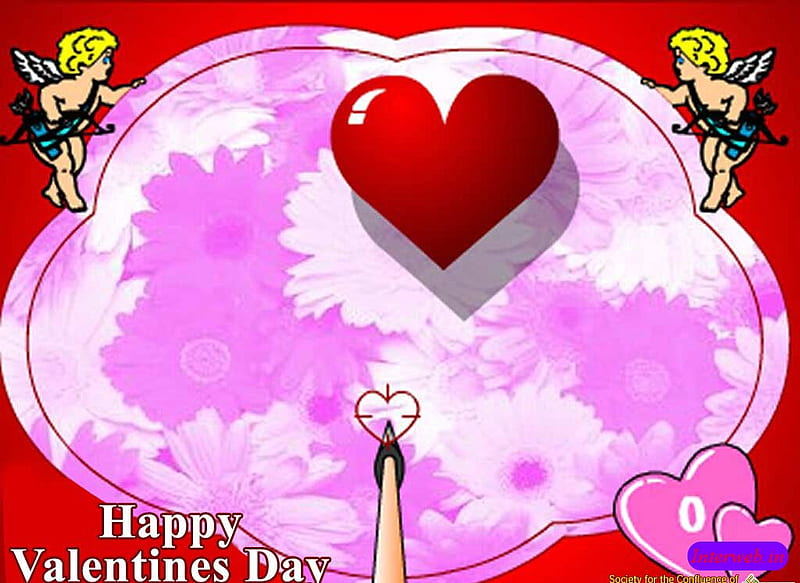 Valentine Cherubs, valentines day, red heart, flowers, cherubs, arrows, HD wallpaper