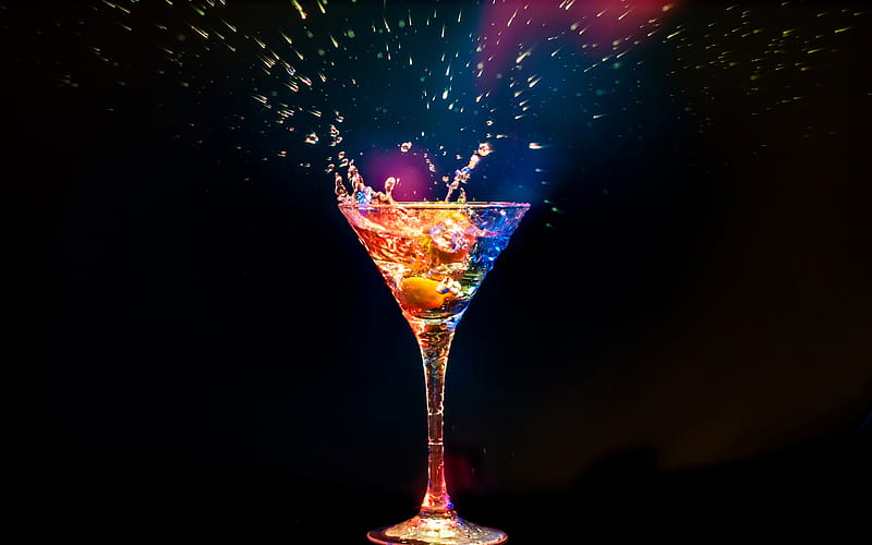 cocktail, cocktail glass, splashes, neon light, martini, HD wallpaper