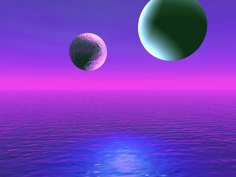 NEON SPACE, planets, water, space, neon, sky, pink, blue, HD wallpaper