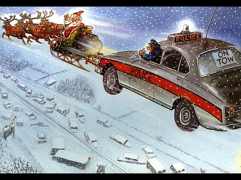Santa Being Chased By Cop Car, santa christmas police car snow winter, HD wallpaper