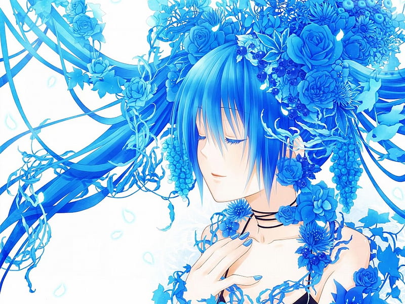 ~Blue Flower Goddess~, vocaloid, pretty, hatsune miku, closed eyes, grapes, anime, flowers, long hair, blue, HD wallpaper