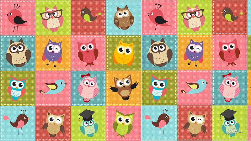 Bird Quilt, cute, birds, quilt, collage, cartoon, squares, owls, Firefox Persona theme, HD wallpaper