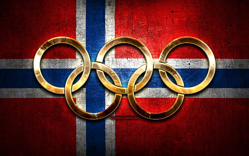 Norwegian olympic team, golden olympic rings, Norway at the Olympics, creative, Norwegian flag, metal background, Norway Olympic Team, flag of Norway, HD wallpaper