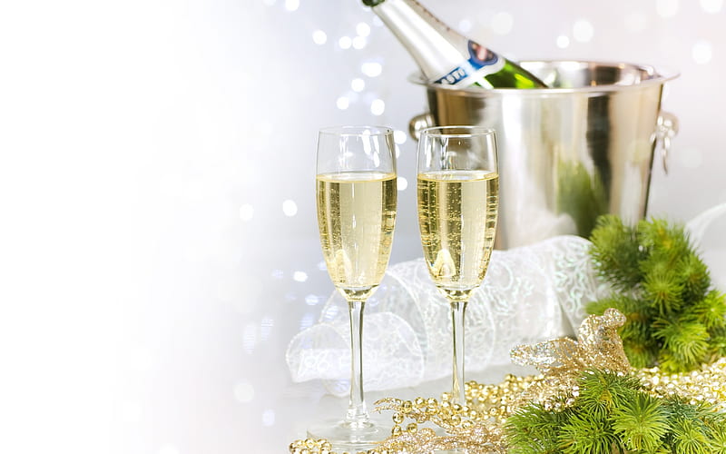 champagne, New Year, Christmas, glasses of champagne, decorations, Christmas tree, HD wallpaper