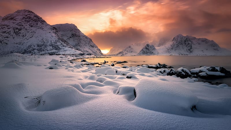 Winter at Lofoten Islands, Norway, rocks, ice, snow, clouds, colors, sky, HD wallpaper