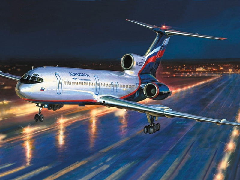 Aeroflot Russian Airlines, runway, plane, flight, aviation, lights, HD wallpaper