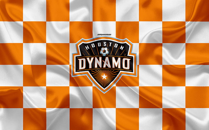 Houston Dynamo logo, creative art, white orange checkered flag, American Soccer club, MLS, emblem, silk texture, Houston, Texas, USA, football, Major League Soccer, HD wallpaper
