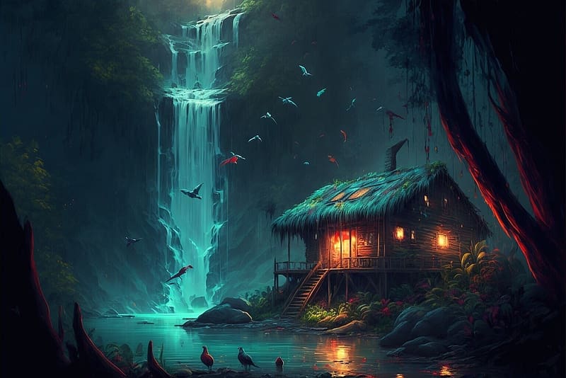 Waterfall, fantasy, house, green, rover in the jungle, cottage, orange, dark, blue, HD wallpaper
