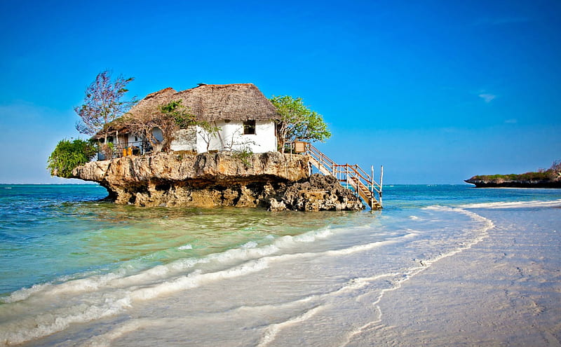 Beach House in Zanzibar, Tanzania, beach, Rock, House, Zanzibar, HD wallpaper