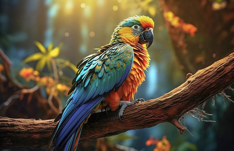 Parrot on the tree branch, szines tollak, madar, ules, termeszet, csor, papagaj, faag, eerdo, tollazat, HD wallpaper