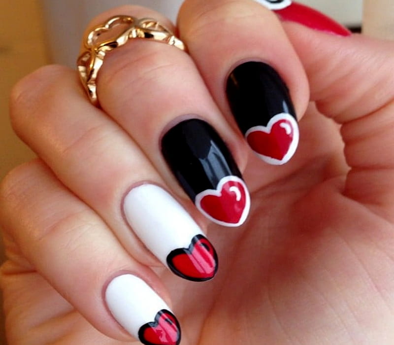 Valentine Day Nail Art, corazones, Nails, Red, Black, White, Rings, Woman,  HD wallpaper | Peakpx