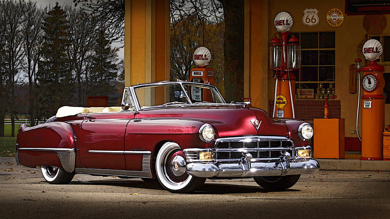 1949 Caddy, red, 1949, Cadillac, Entropy, restomod, Caddy, gas staytion, HD wallpaper