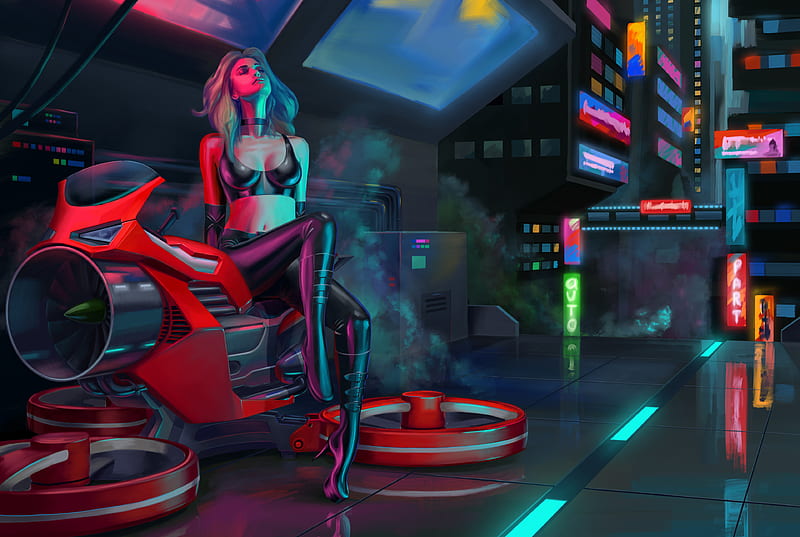 Girl On Hover Bike, artist, artwork, cyberpunk, artstation, HD wallpaper
