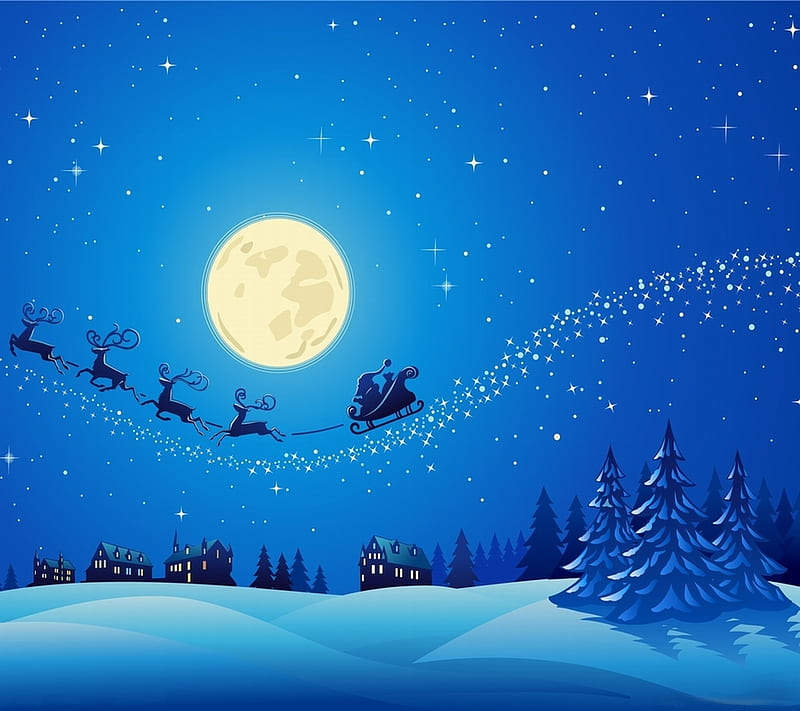 Santa in town, christmas, moon, night, sleigh, snow, winter, HD wallpaper