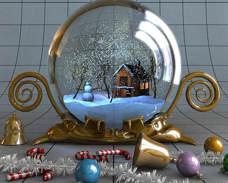Snow Globe 1, bell, house, snowman, snow, HD wallpaper