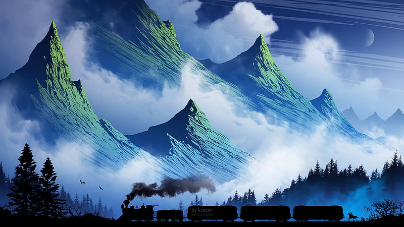 :-), art, mountain, michal kvac, cloud, fantasy, train, blue, mist, HD wallpaper