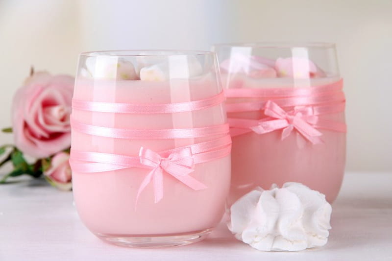 Think Pink, glass, marshmellows, yogurt, whip creme, ribbons, roses, pink, HD wallpaper
