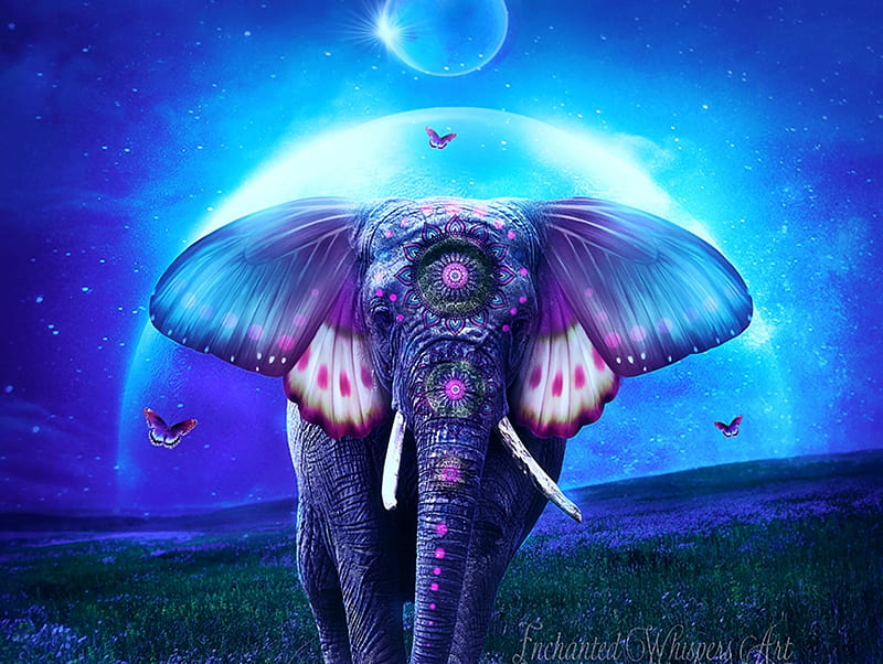 Gentle giant, elephant, blue, fantasy, butterfly, purple, luminos, enchantedwhispersart, HD wallpaper