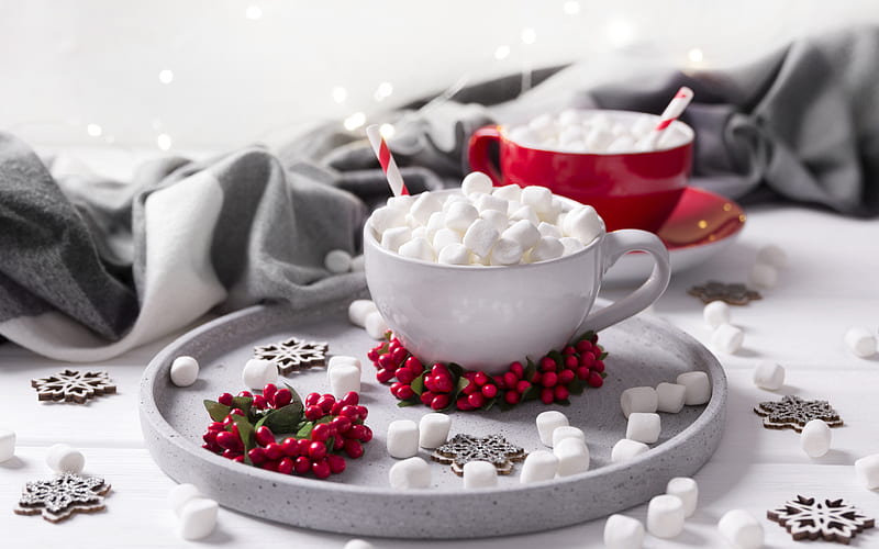 cocoa with marshmallows, cup of cocoa, winter, evening, marshmallows, HD wallpaper