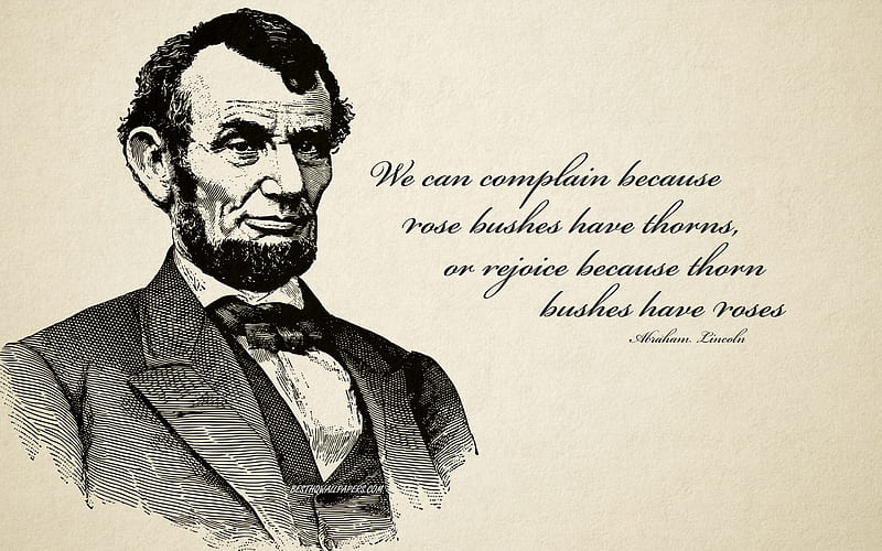 We can complain because rose bushes have thorns or rejoice because thorn bushes have roses, Abraham Lincoln quotes, portrait, popular quotes, retro style, inspiration, HD wallpaper