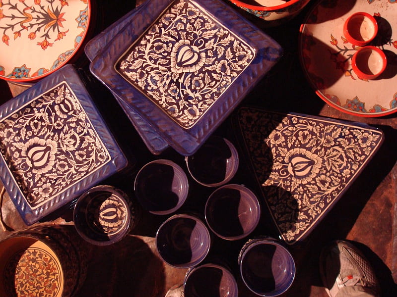 Blue Pottery, plates, art, craft, blue, HD wallpaper