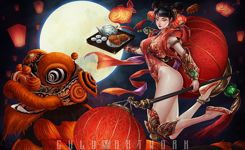 Mid-autumn festival, fantasy, autumn, moon, food, asian, dragon, red, festival, culu, culu artwork, HD wallpaper