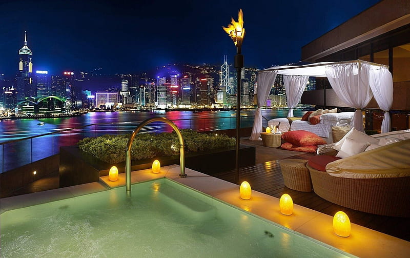 best room in the intercontinental in hong kong, hotel, city, view, room, pool, HD wallpaper