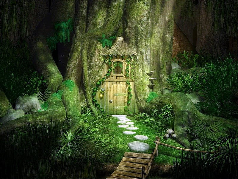 Woodland mystery, dwelling, fantasy, trees, green, HD wallpaper