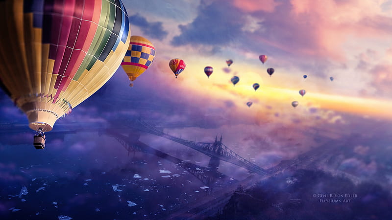 Air Balloons Sunset , air-balloon, artist, artwork, digital-art, HD wallpaper