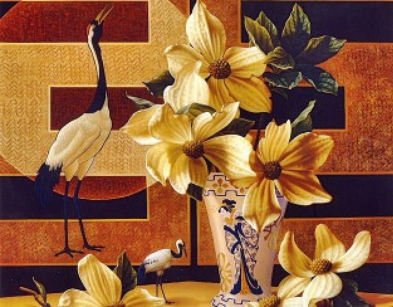 Japanese by Ilene Meyer, red, art, orange, japanese, crane, black, yellow, vase, still life, fly, ilene meyer, bird, painting, flower, lily, white, HD wallpaper