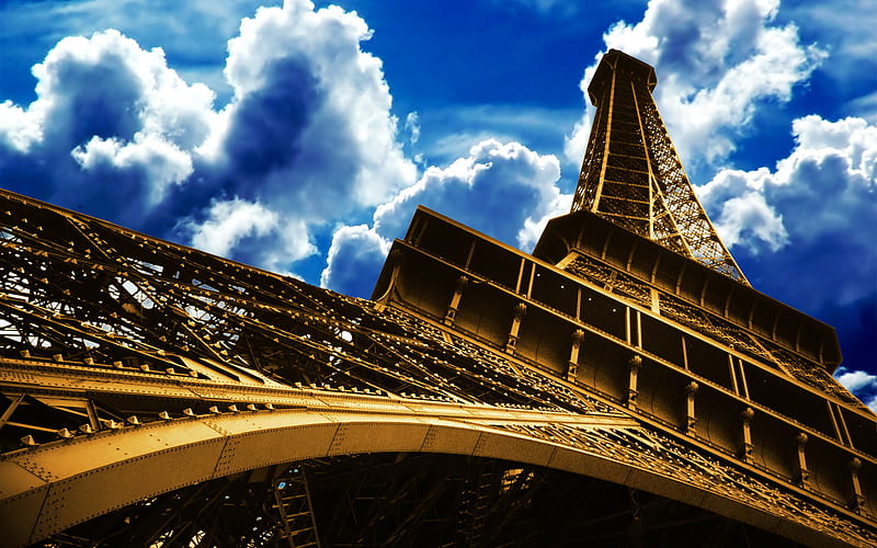 La Tour D'or, gold, france, eiffel tower, paris, clouds, HD wallpaper