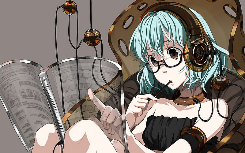 anime girl with headphones and blue hair