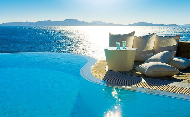 Relax, table, ocean, retreat, sunlight, glasses, sunbeams, bonito, poolside, pool, sea, mountains, shadows, relaxing, pillows, blue, HD wallpaper
