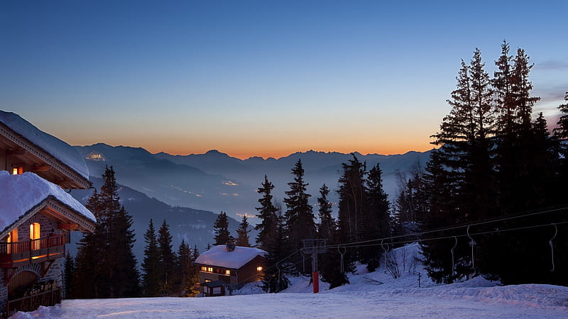 Chalet in the Winter Morning, house, snow, sunrise, nature, chalets