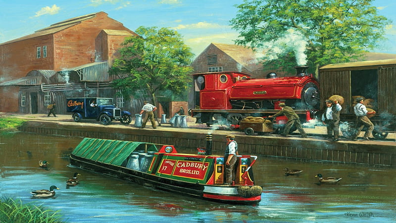 Cadbury Canal Boat, Boat, Art, Ducks, Van, England, Train, Cadbury, Factory, Painting, Steam, Chocolate, Canal, HD wallpaper