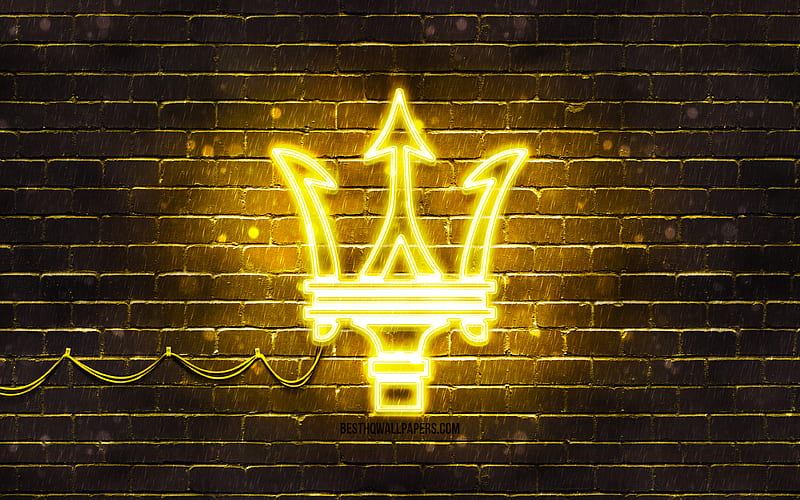 Maserati yellow logo, yellow brickwall, Maserati logo, cars brands, Maserati neon logo, Maserati, HD wallpaper