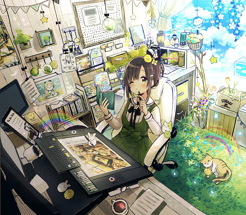 anime room, artist, drawing, anime girl, closed eye, Anime, HD wallpaper