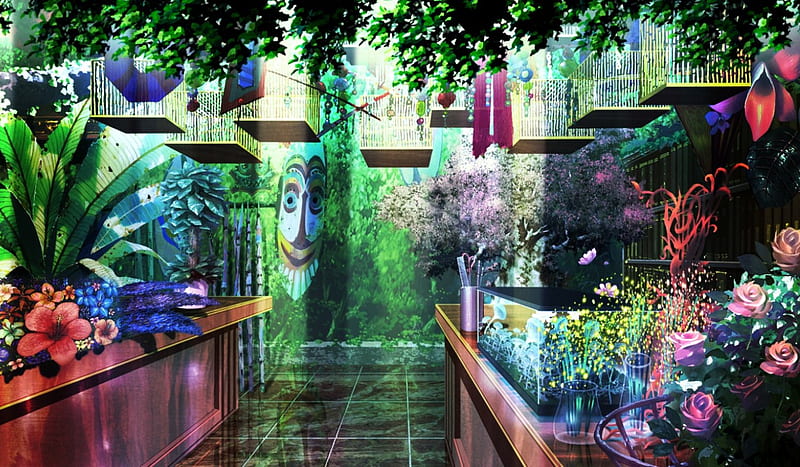 Greenhouse, rose, interior, green, anime, flower, mask, pink, blue, HD wallpaper