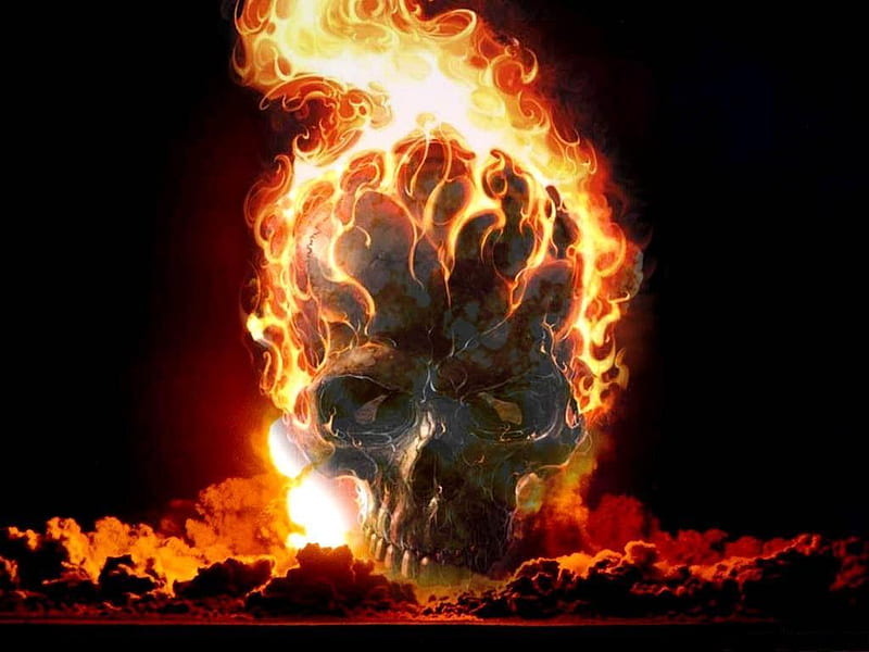 Skull, red, fire, skeleton, death, flames, black, HD wallpaper