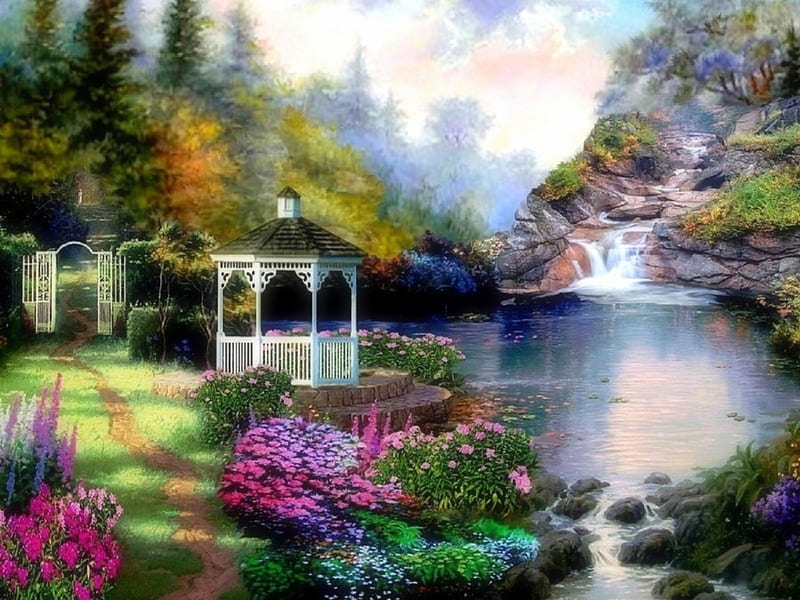 Kingdom of God, draw and paint, love four seasons, waterfalls, paintings, pathway, mountains, flowers, garden, nature, gazebo, HD wallpaper