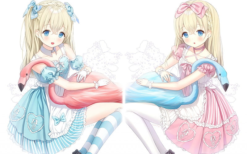 Alice in Wonderland, Japanese anime, manga, twins, blue flamingos, pink flamingos, HD wallpaper
