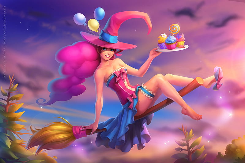 Halloween witch, witch, fantasy, luminos, girl, katerina malikova, halloween, pink, blue, broom, HD wallpaper