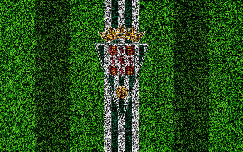 Cordoba CF, logo football lawn, Spanish football club, LaLiga2, green white lines, grass texture, Segunda, Division B, Cordoba, Spain, football, Cordoba FC, HD wallpaper